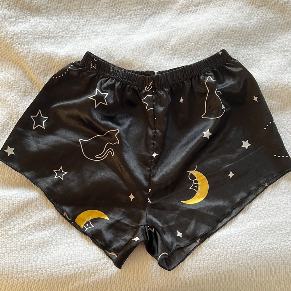 Satin Pajama Shorts Elastic Waistband Cats and Moons
